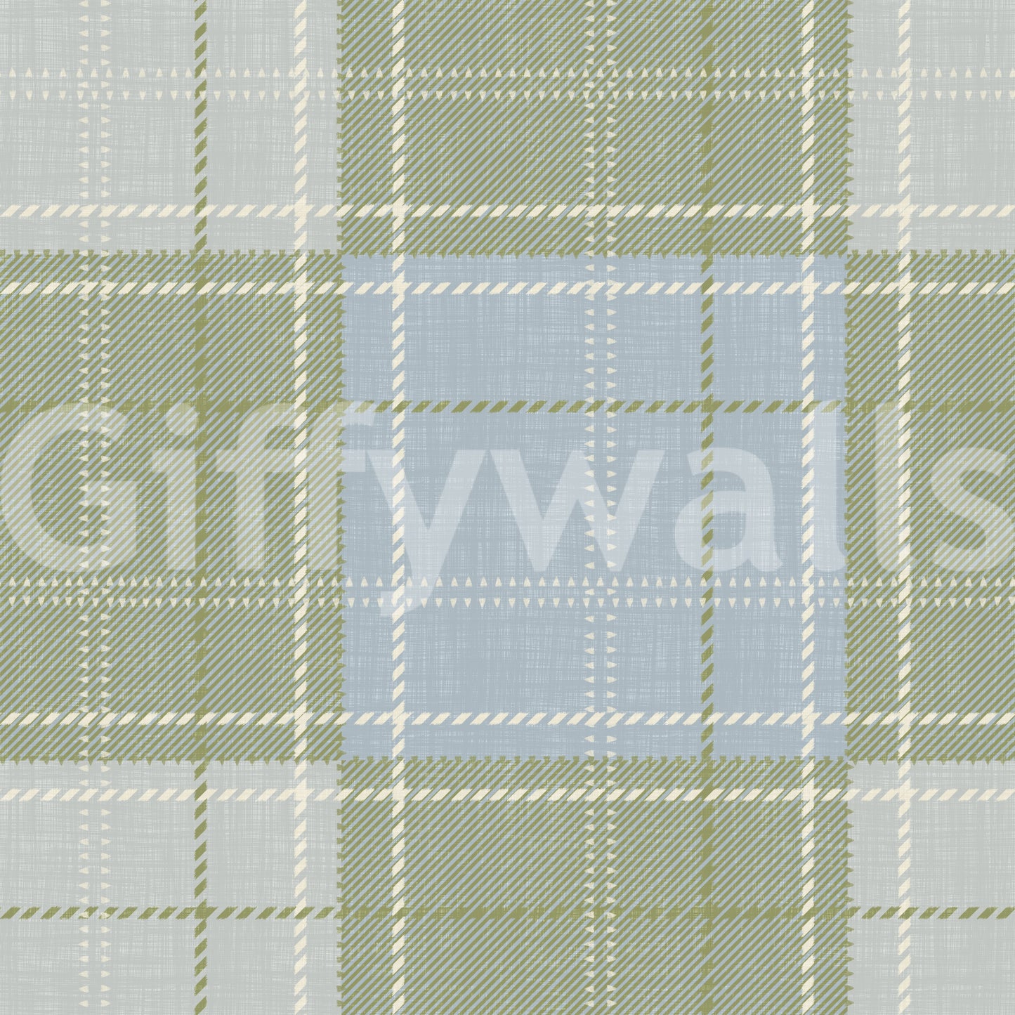 Heritage Plaid - Tartan Checkerboard Block Linen - Meadow Green & Blue Wallpaper