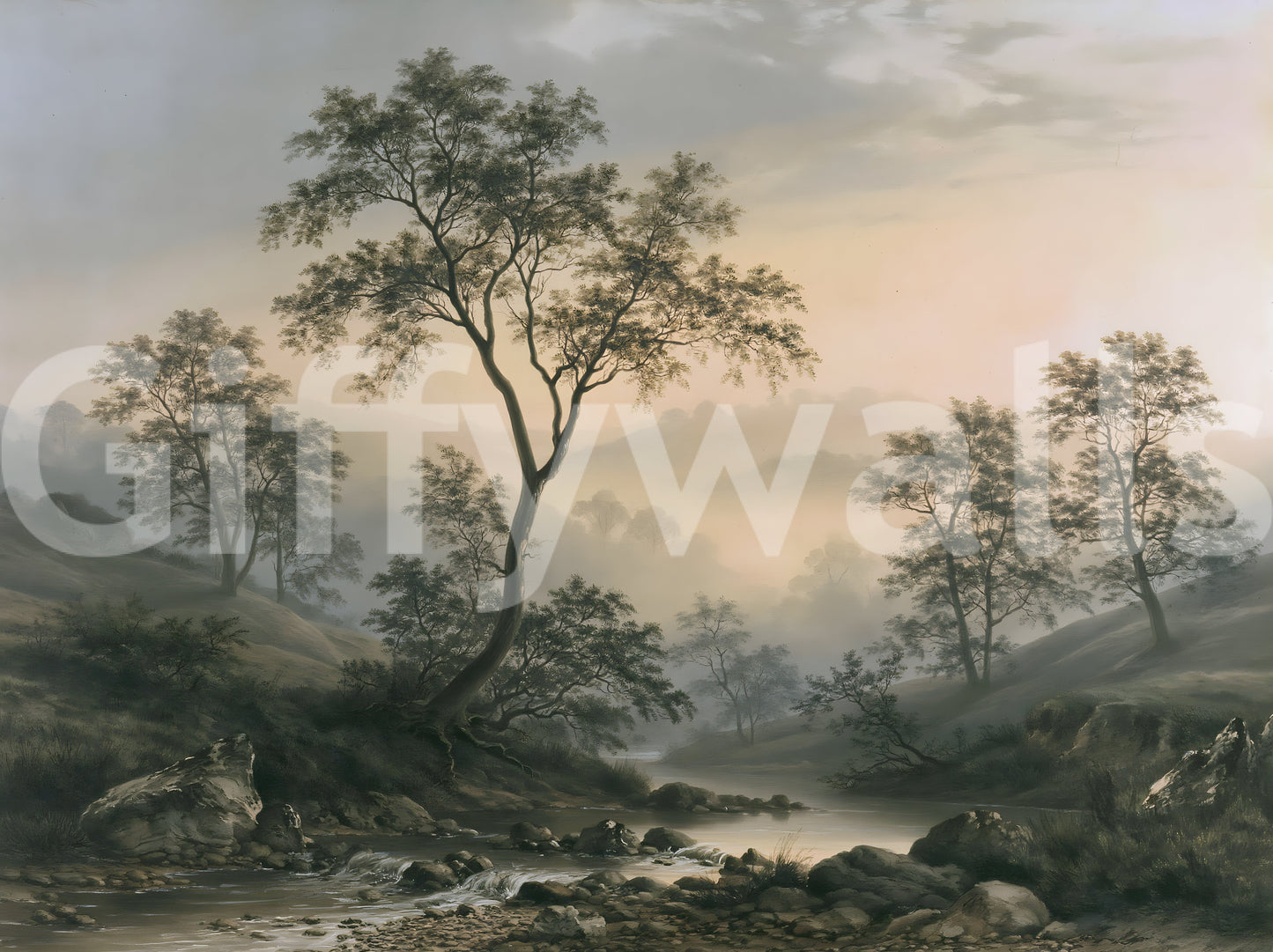 Misty River Valley Landscape Wall Mural