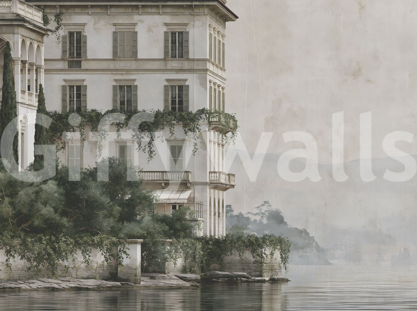 Misty Lakefront Manor Sketch Wall Mural