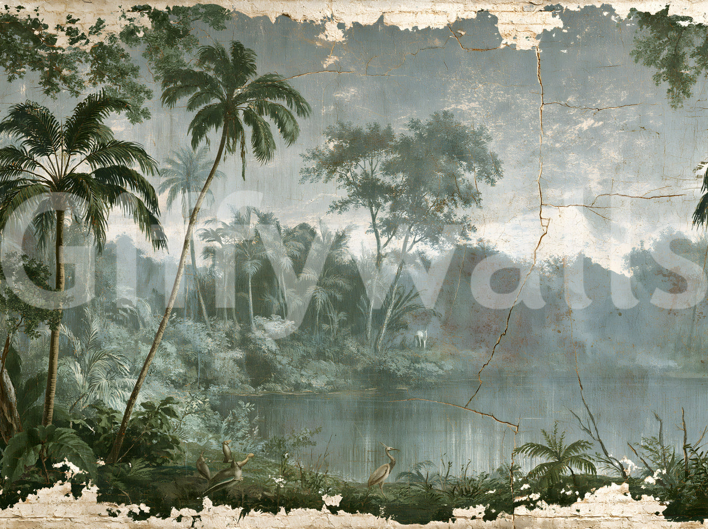 Aged Botanical Riverside Scene Wall Mural