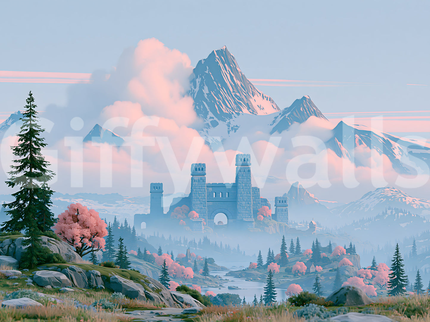 Enchanted Highland Fortress Landscape Wall Mural