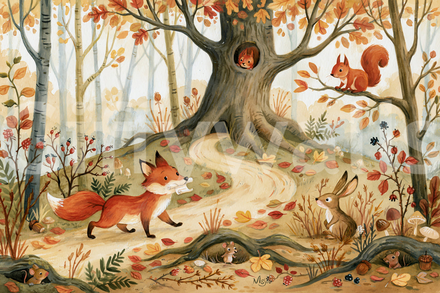 Fox and Woodland Friends Meadow Scene Wall Mural