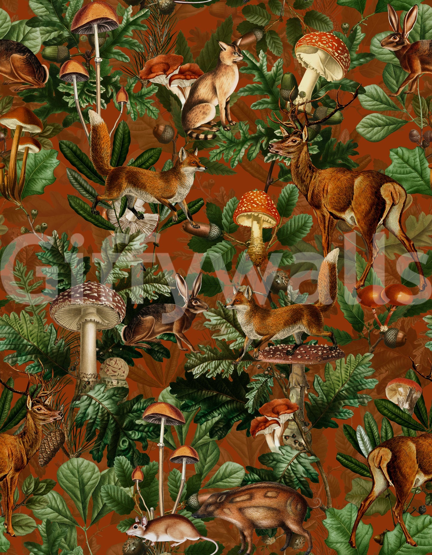 Rustic Woodland Creatures and Fungi Tapestry Wallpaper
