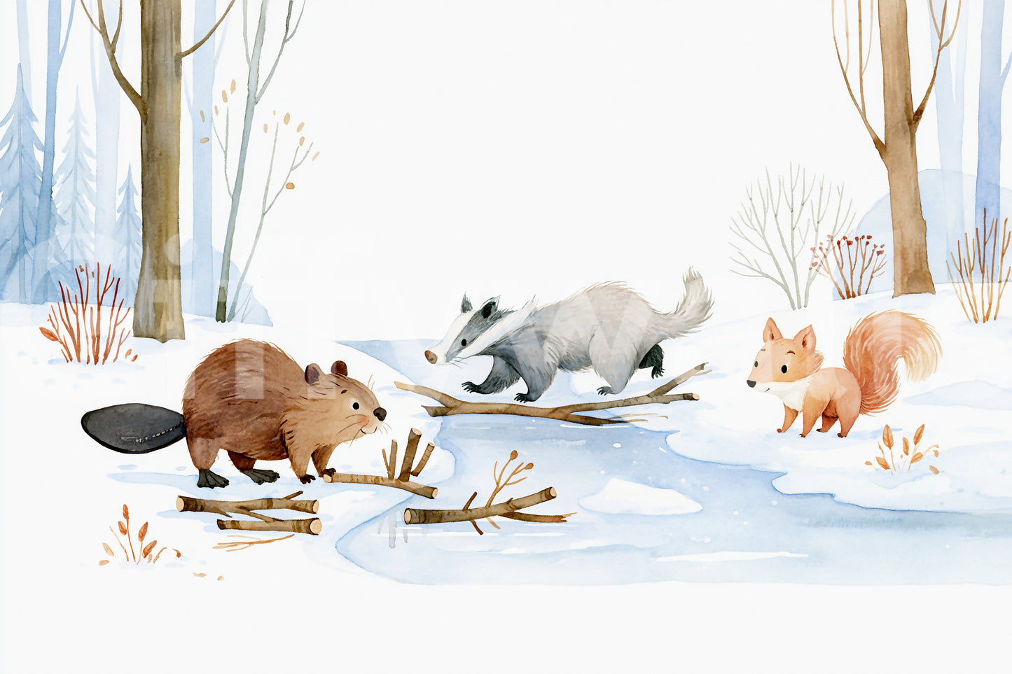 Winter Woodland Animal Gathering Wall Mural