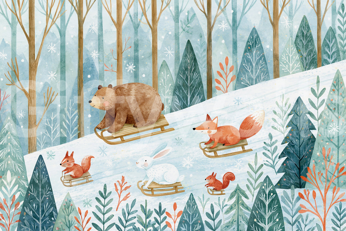 Winter Forest Friends Sledding Adventure Wall Mural