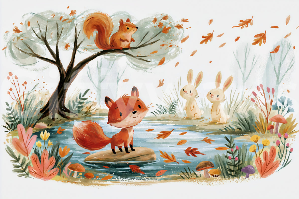 Woodland fox by an autumn stream forest wall mural, GD13113