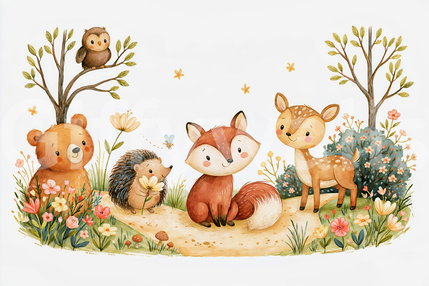 Whimsical Autumnal Forest Friends Watercolor Scene Wall Mural