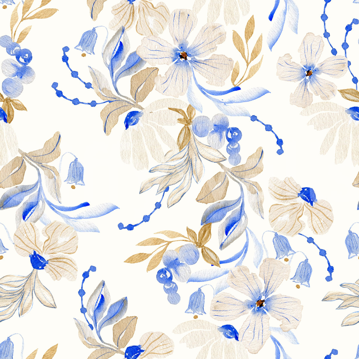 Watercolor Blue and Beige Floral Botanical Wallpaper
