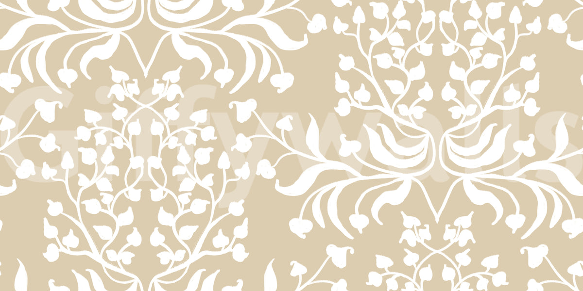 Cream and White Damask Silhouette Wallpaper