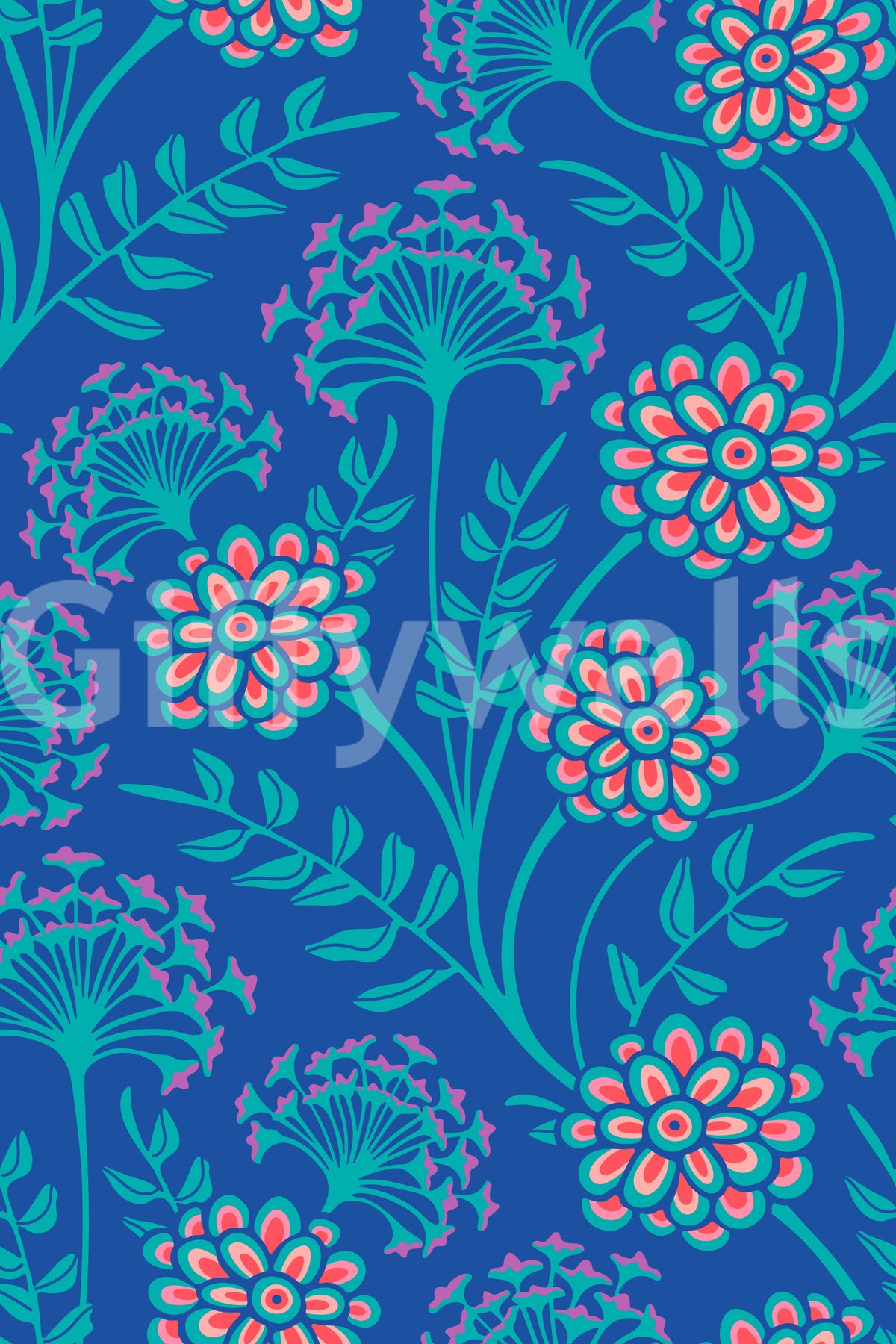 Danube Retro Vintage Floral Zinnia Cow Parsley in Turquoise Royal Blue Wallpaper