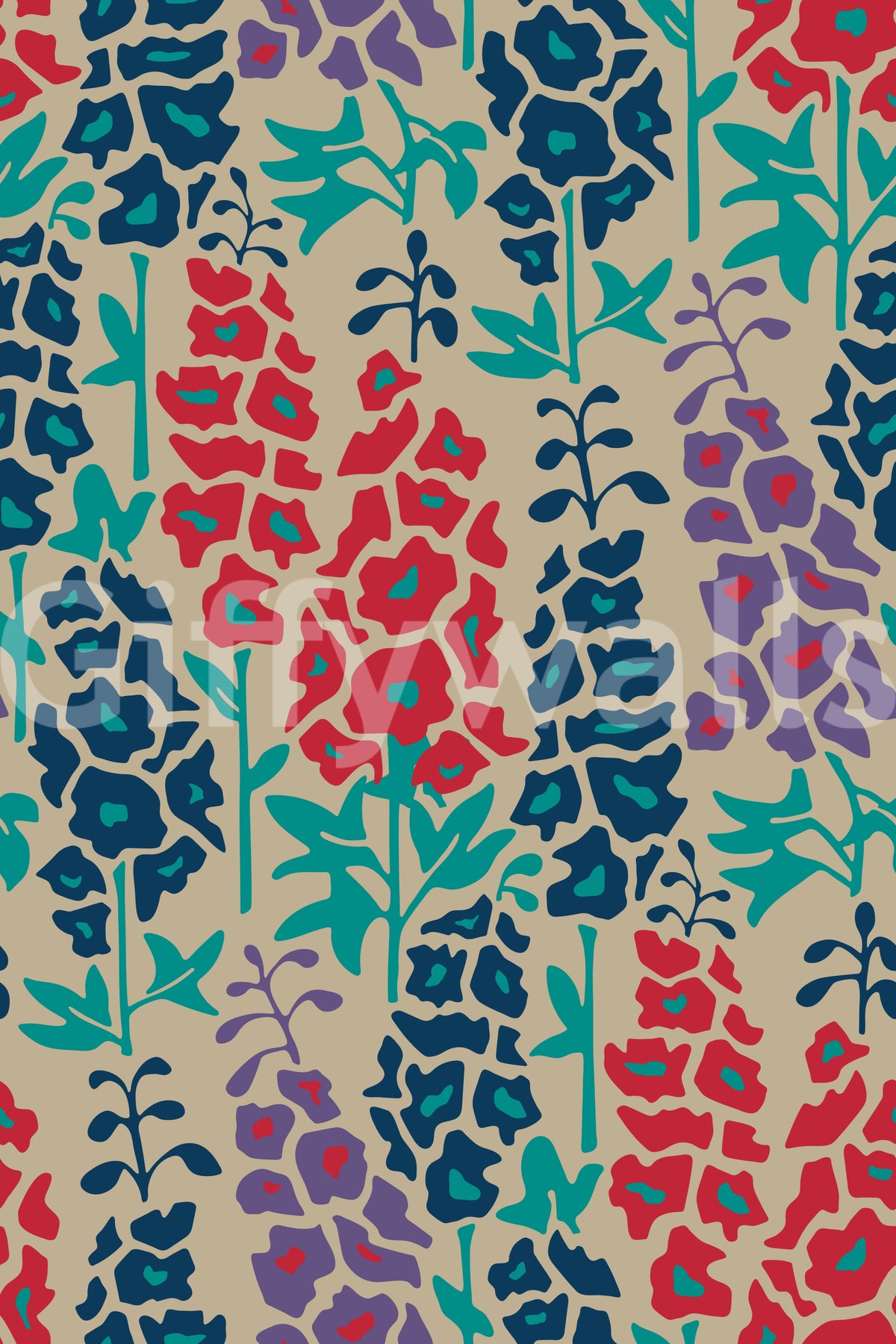 Delphinium Garden Retro Summer Floral Navy Blue Red Purple Wallpaper