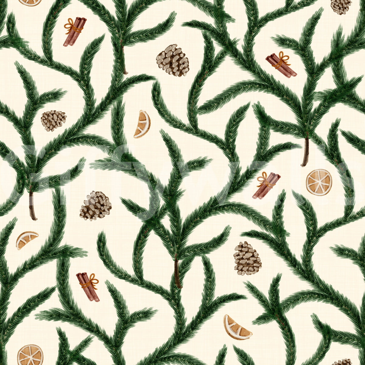 Watercolor Trellis Pine Branches with Oranges Cinnamon & Pine Cones Wallpaper