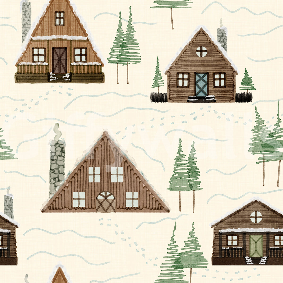 Small Snowy Mountain Huts Village Cabincore Winter Pattern Wallpaper