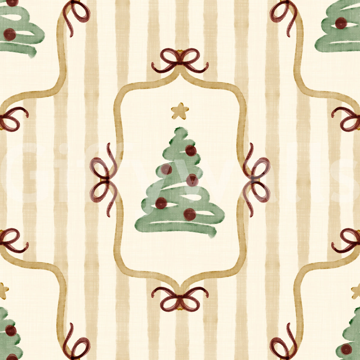 Preppy Christmas Tree Bows Ribbon Stripes - Antique Gold Yellow Wallpaper