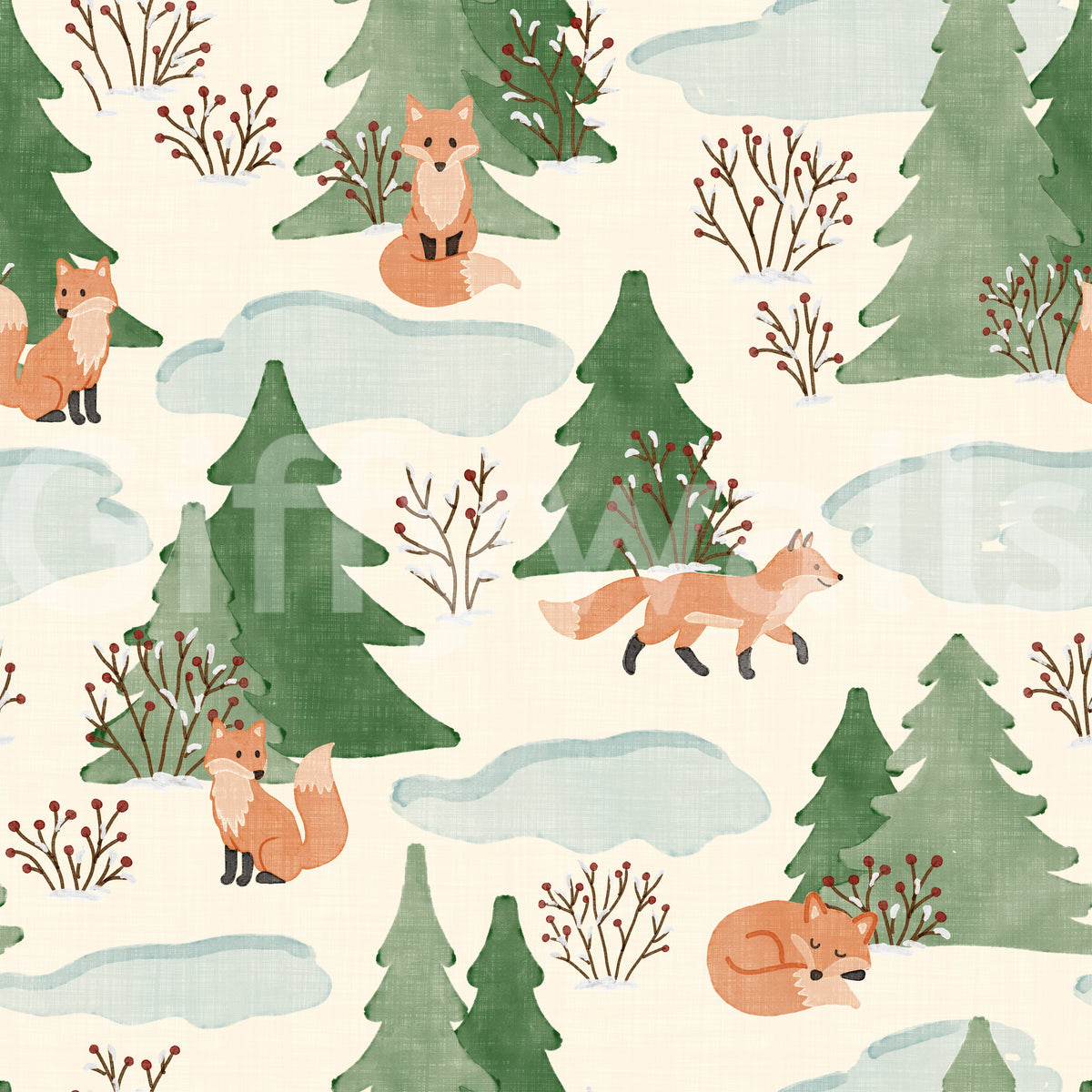 Watercolor Christmas Fox and Pine Trees Holiday Pattern Wallpaper