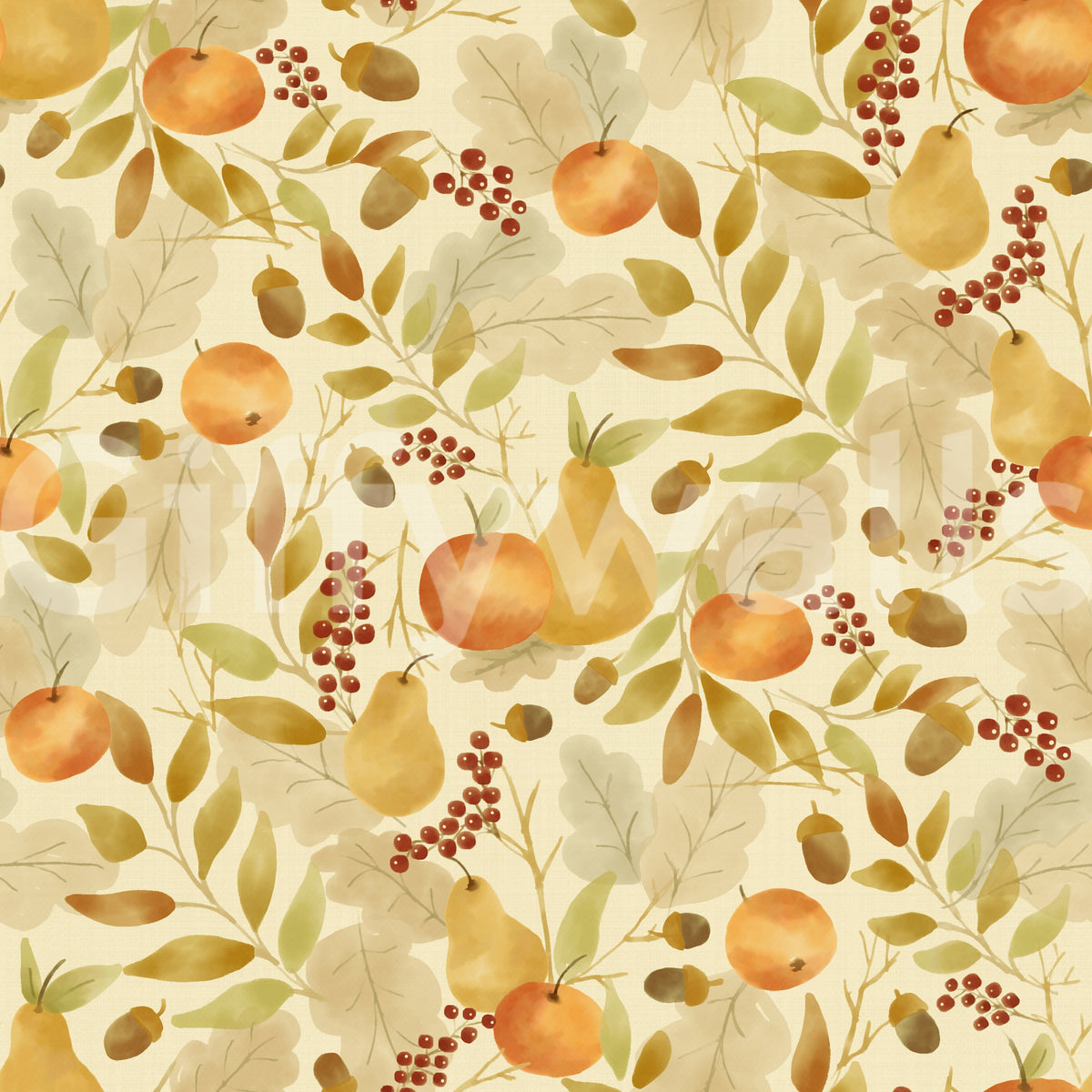Watercolor Autumn Fruit Leaves Olive Sage Green Harvest Pattern Wallpaper