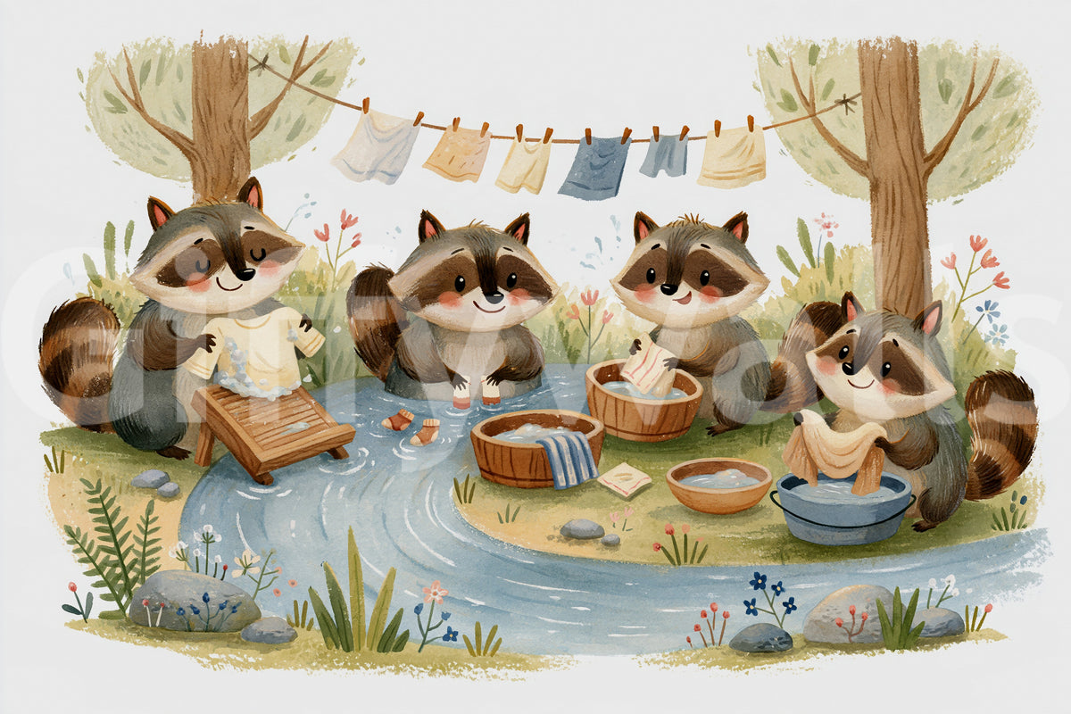 Woodland Friends Raccoons Streamside Wash Day Wall Mural