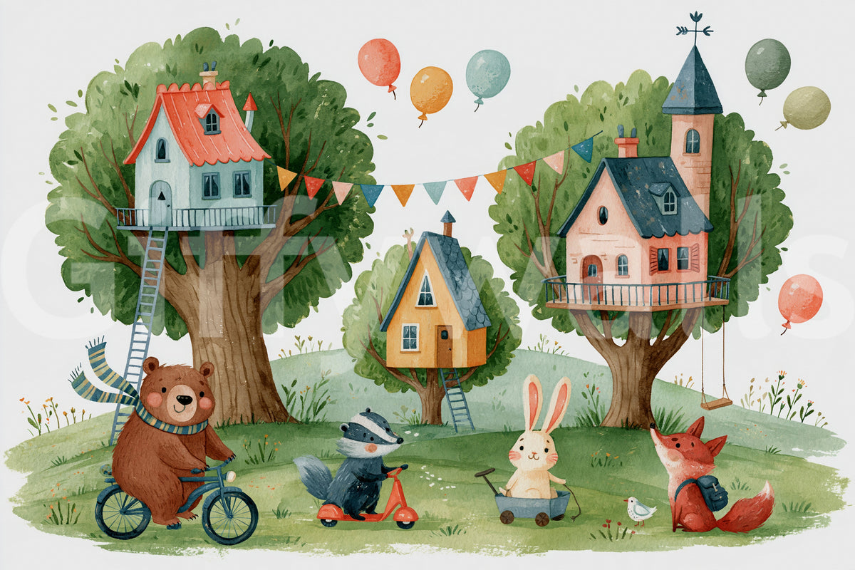 Woodland Friends Treehouse Village Wall Mural