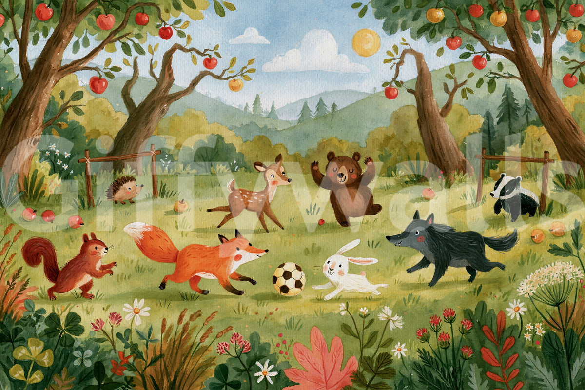 Woodland Meadow Animal Soccer Gathering Wall Mural