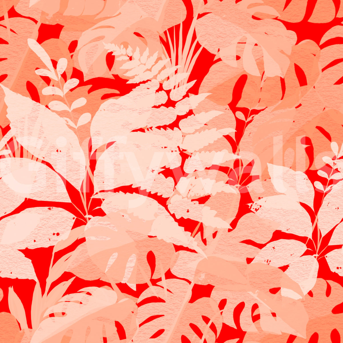Fiery Coral Tropical Foliage Wallpaper