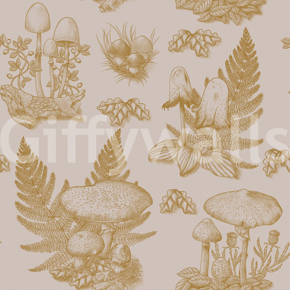 Mushroom - Autumnal Toile de jouy - Gold Wallpaper