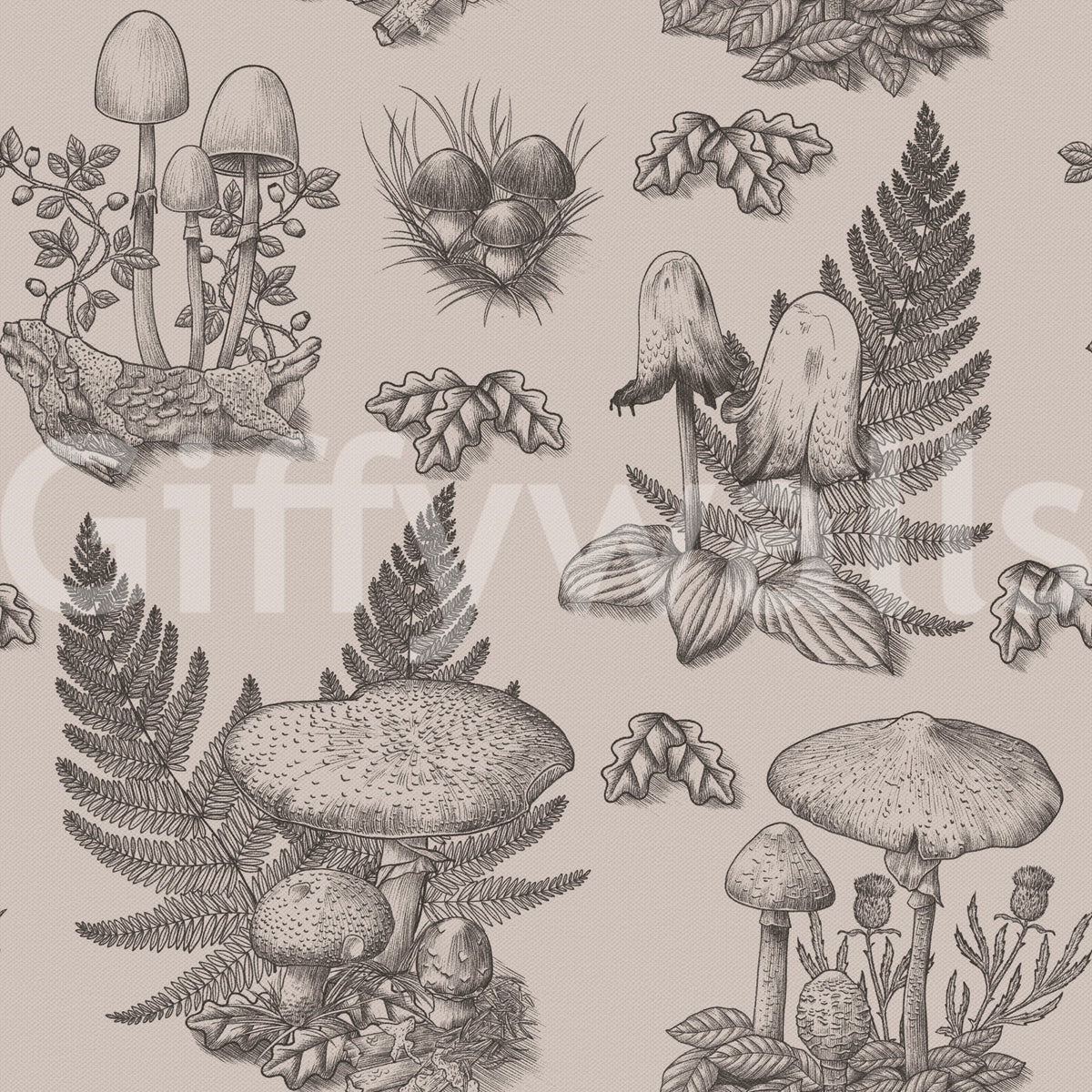Mushroom - Autumnal Toile de jouy - Sepia Wallpaper