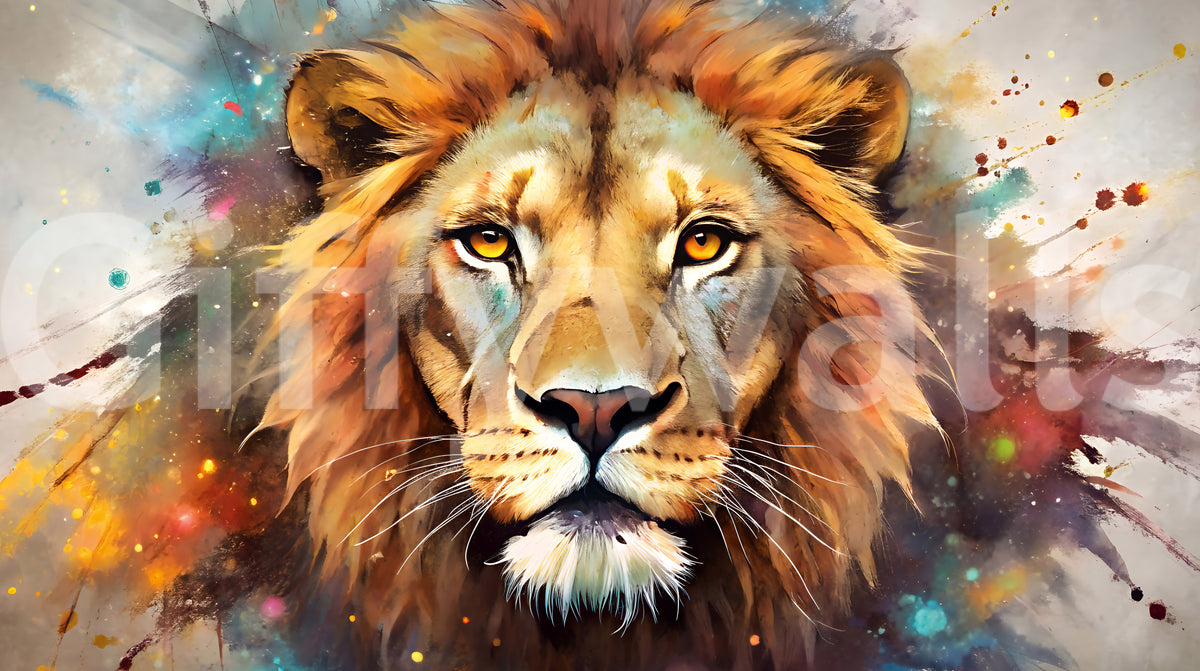 Majestic Lion Portrait with Vibrant Splatter Art Wall Mural