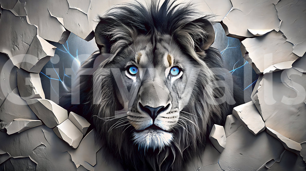 Fierce Lion Through Broken Concrete Wall Mural