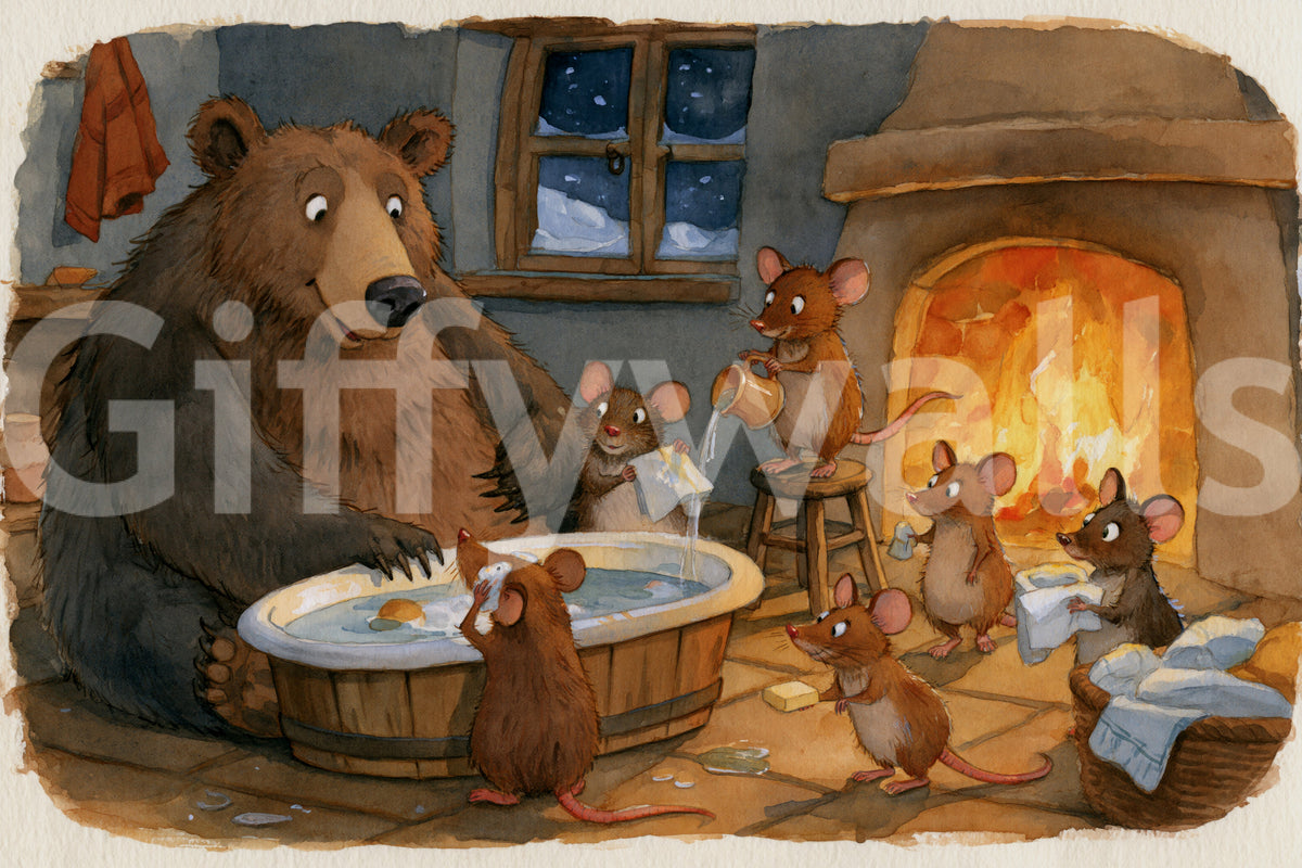 Woodland Friends Bear Bath Time With Mice In A Cozy Winter Cabin Scene Wall Mural
