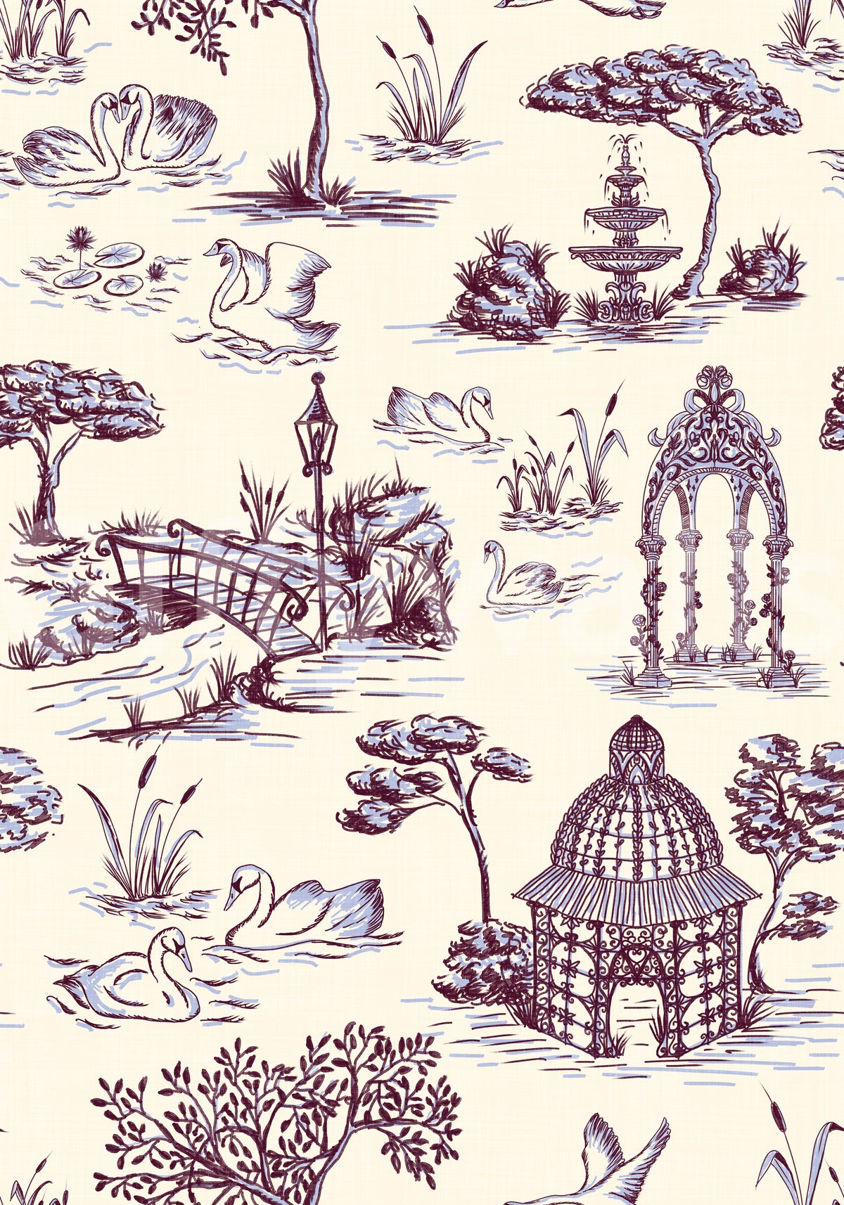 Modern Toile de Jouy Swan Victorian Garden Scenery - Unexpected Contrast Wallpaper