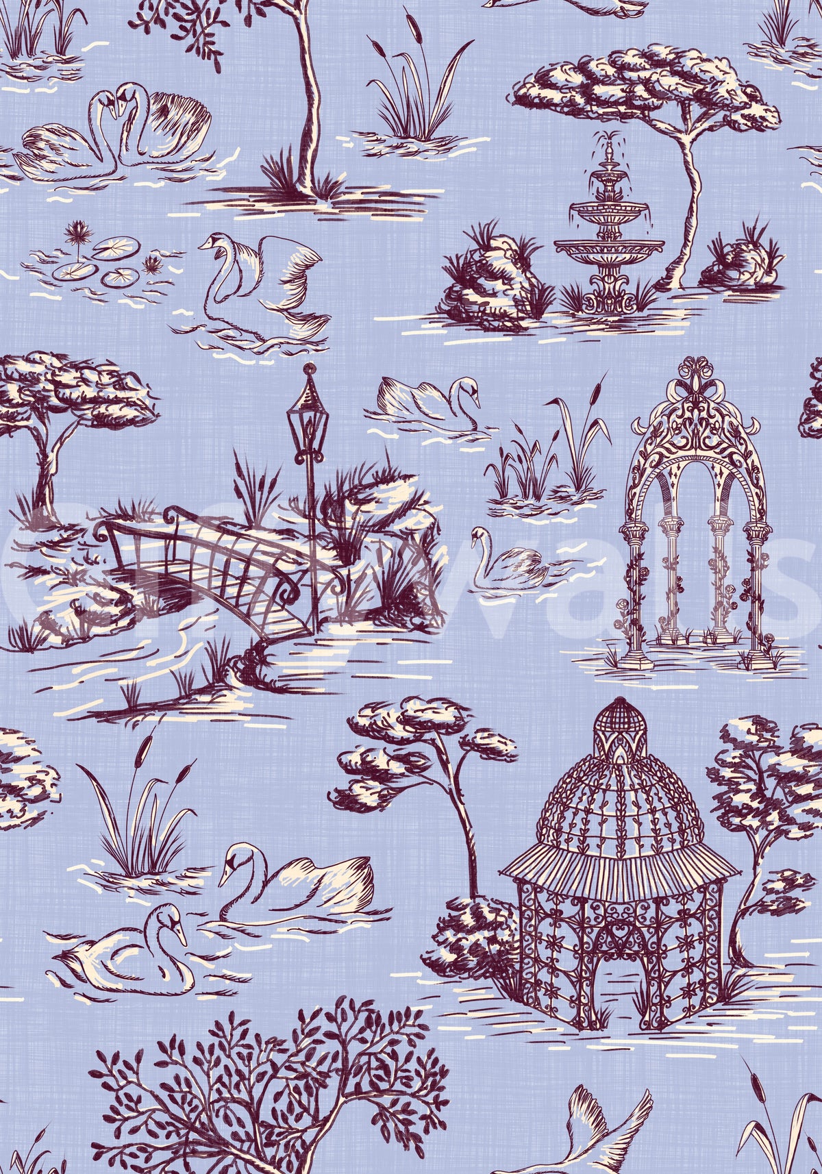 Modern Toile de Jouy Swan Victorian Garden Scenery - Warm & Cool Contrast Wallpaper