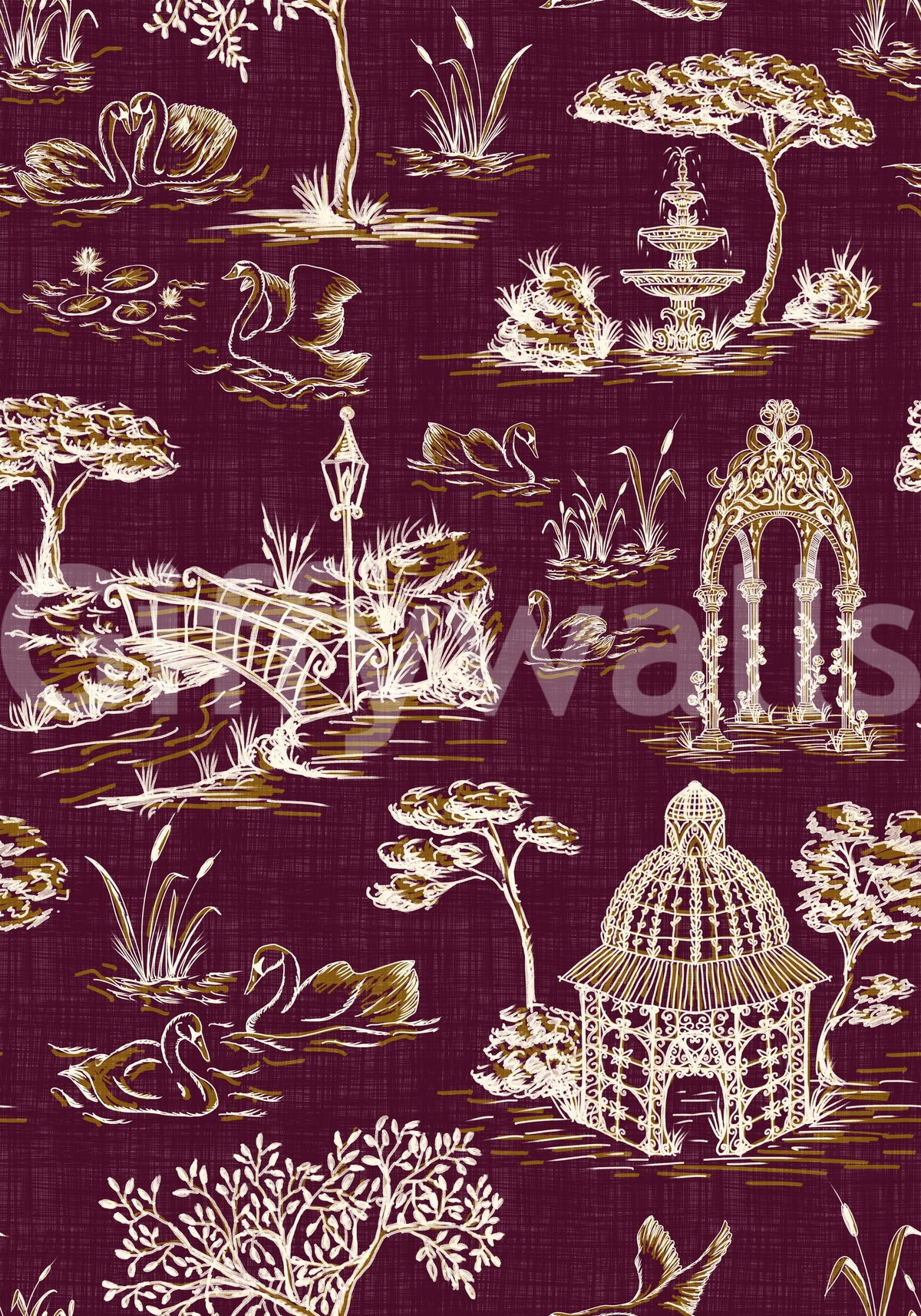 Modern Toile de Jouy Swan Victorian Garden Scenery - Royal Jewel Tone Wallpaper