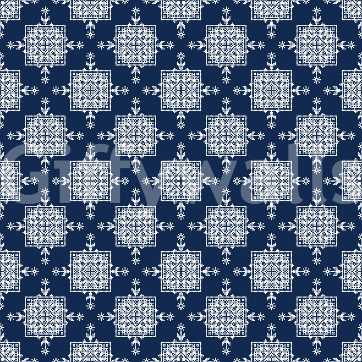 Indigo Cross-Stitch Tile Motif Wallpaper