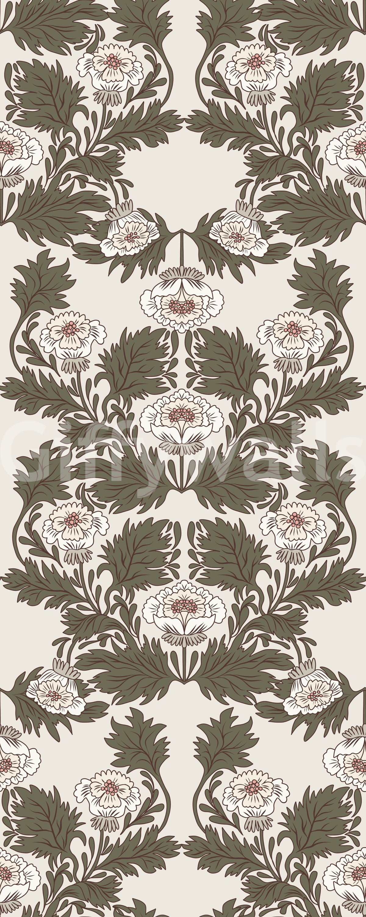 Symmetrical Sage Foliage and Peony Illustration Wallpaper