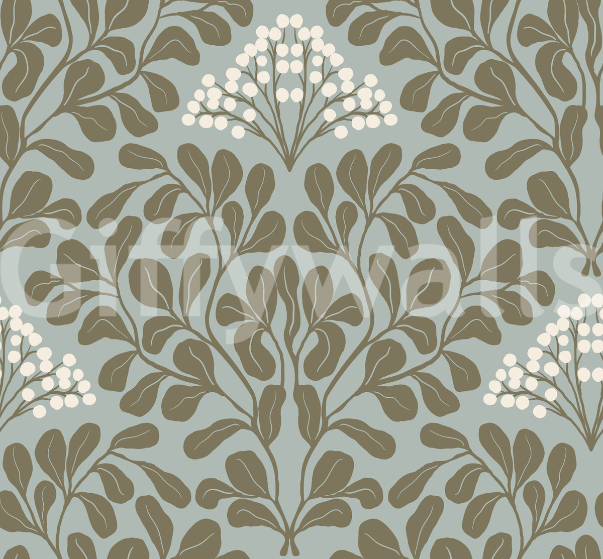 Minimalist Sage Leaf and Berry Pattern Wallpaper