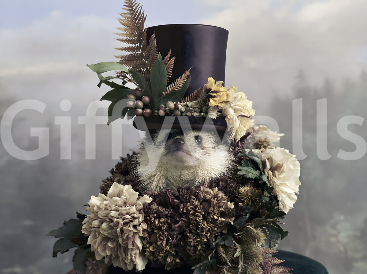 Hedgehog in Botanical Top Hat Wall Mural