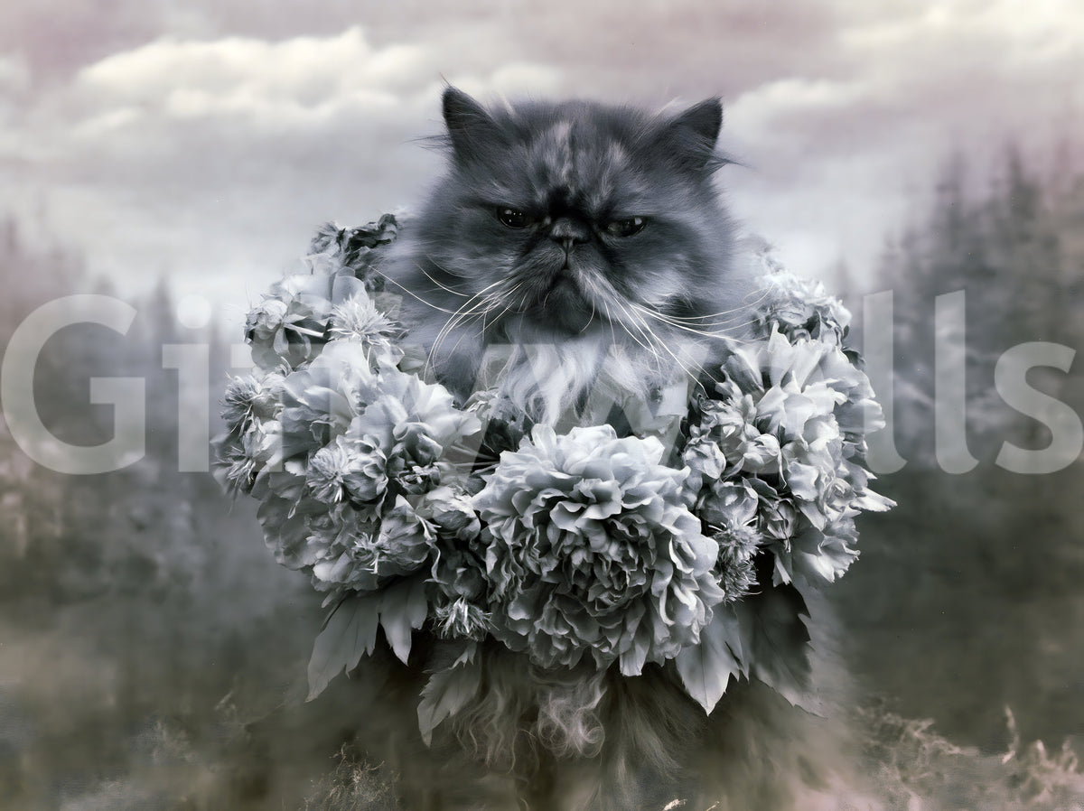 Persian Cat with Floral Wreath Wall Mural
