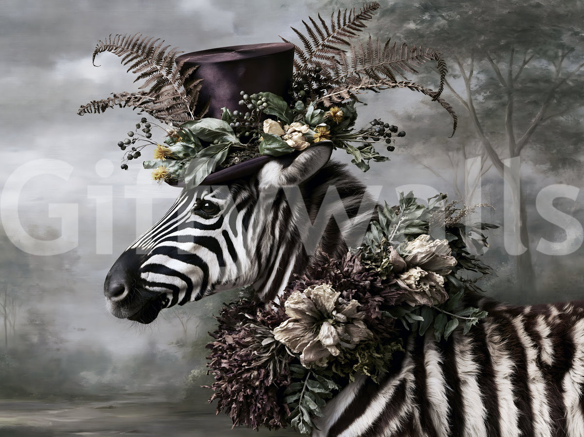 Dapper Zebra in Floral Hat Wall Mural