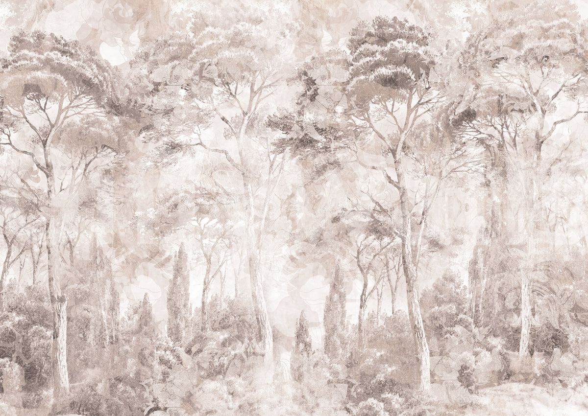 Soft Rose Taupe Misty Forest Landscape Wall Mural Wall Mural