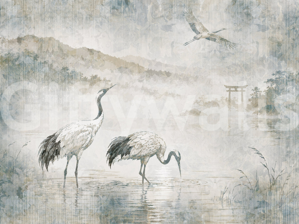 Serene Japanese Landscape & Crane Mural Wall Mural