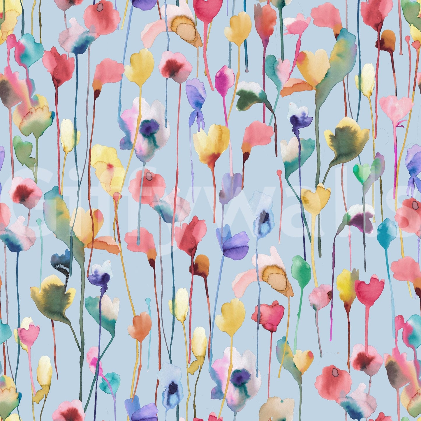 Watery Watercolor Artistic Flowers Light Blue Wallpaper