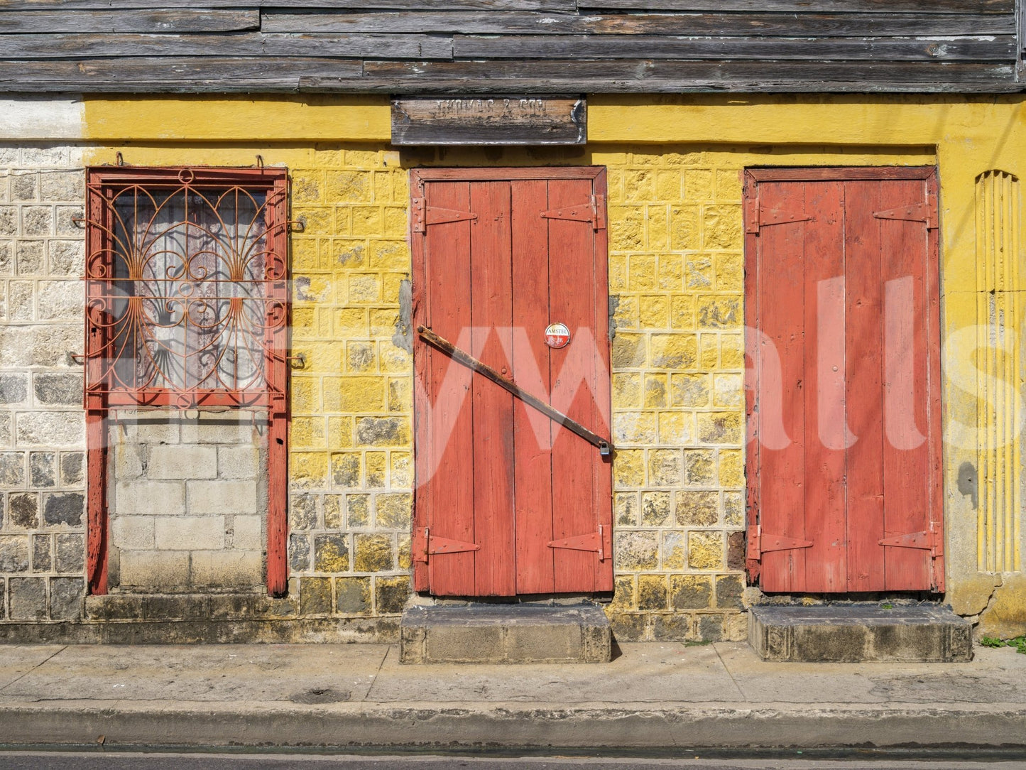 Weathered Brick Wall and Red Doors Wall Mural