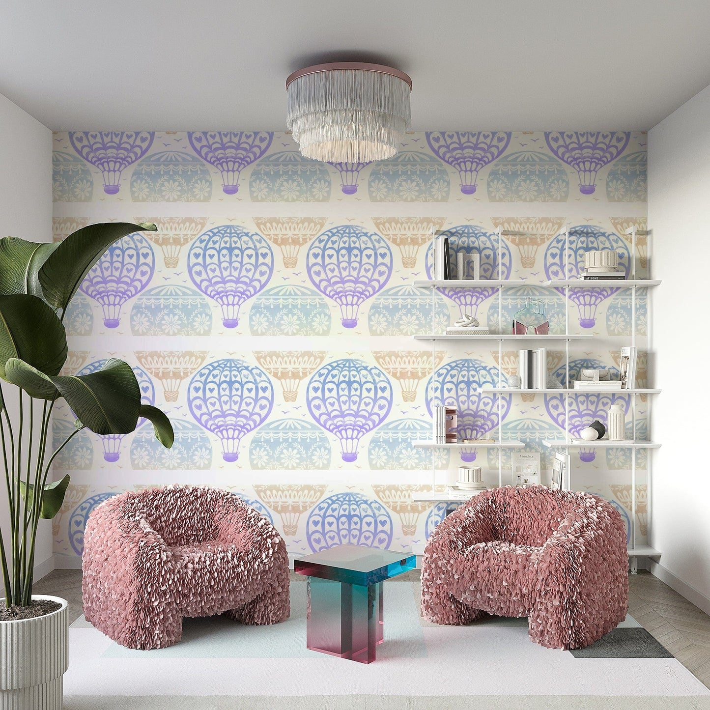 Whimsical pastel sky hot air balloon wall design