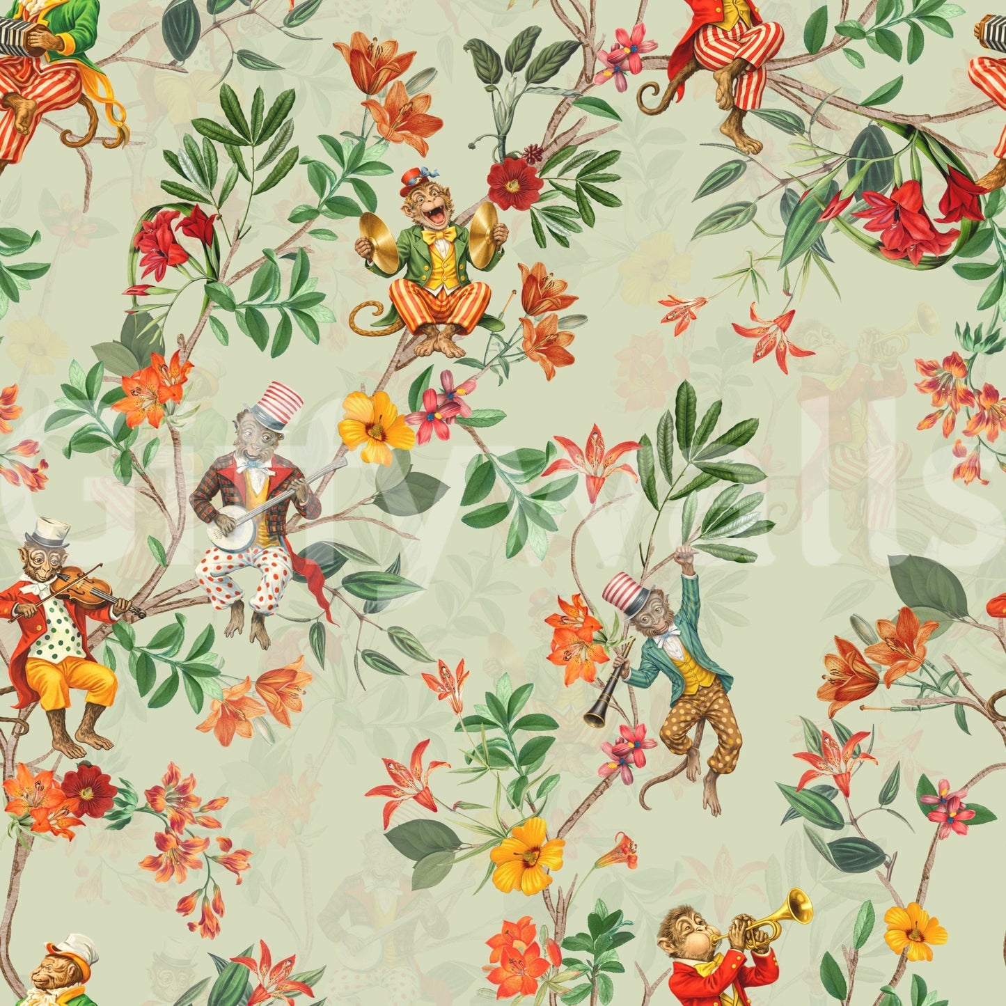 Vintage monkey musician wallpaper in green with exotic flowers and leafy detail, GD8595