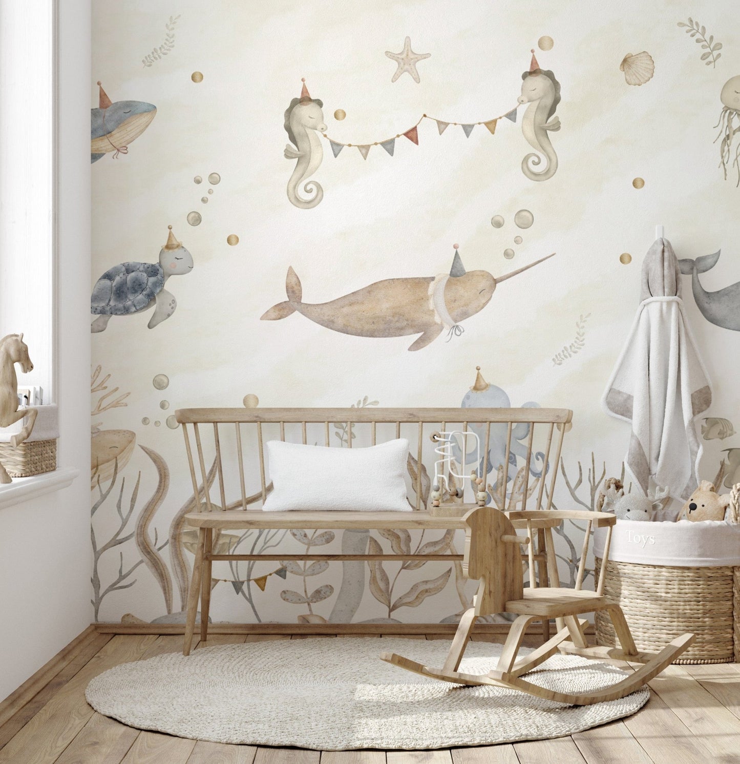 Ocean-themed wallpaper with sea creatures