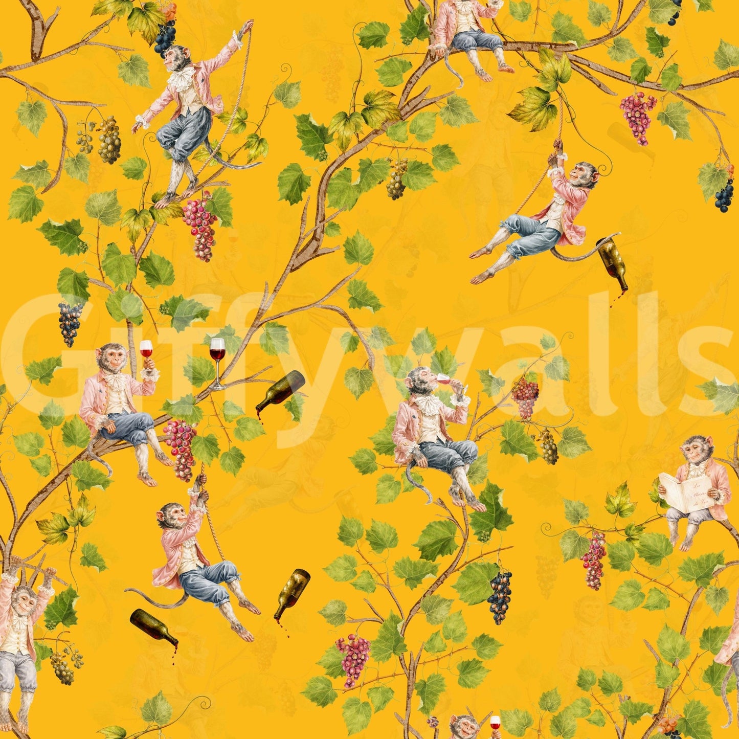 Detailed matte finish on Whimsical Rococo Monkeys Vineyard Garden Yellow wallpaper