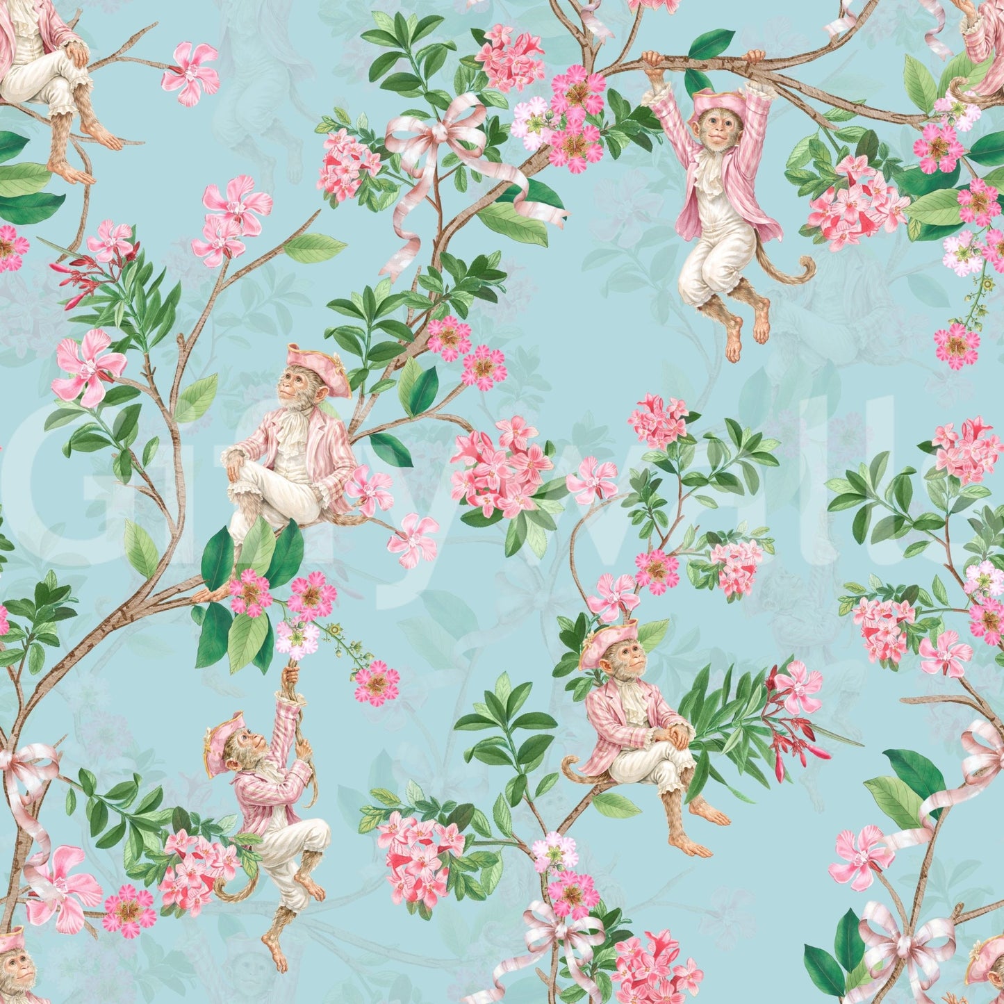 Vintage aristocratic monkey wallpaper in blue with florals and ribbon detail