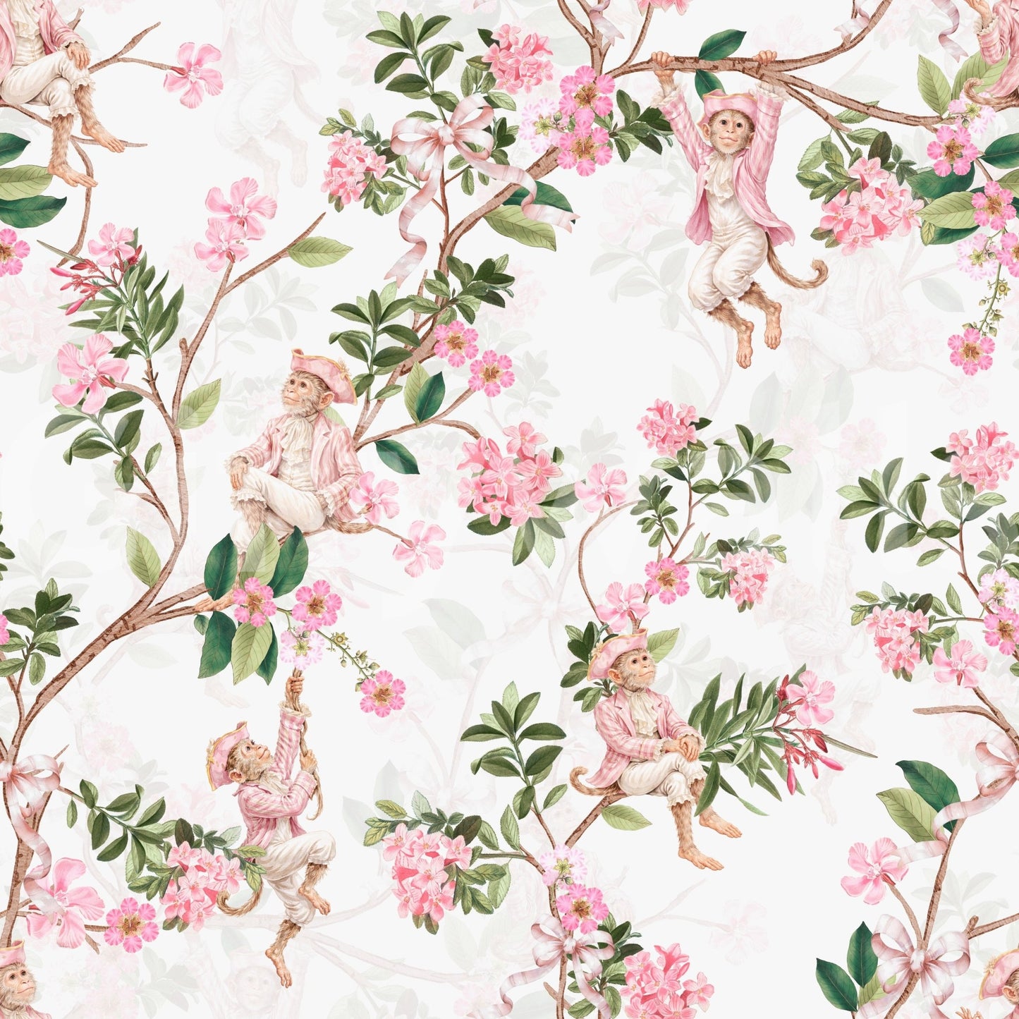 Vintage monkey vineyard wallpaper in white with floral clusters and soft green leaves