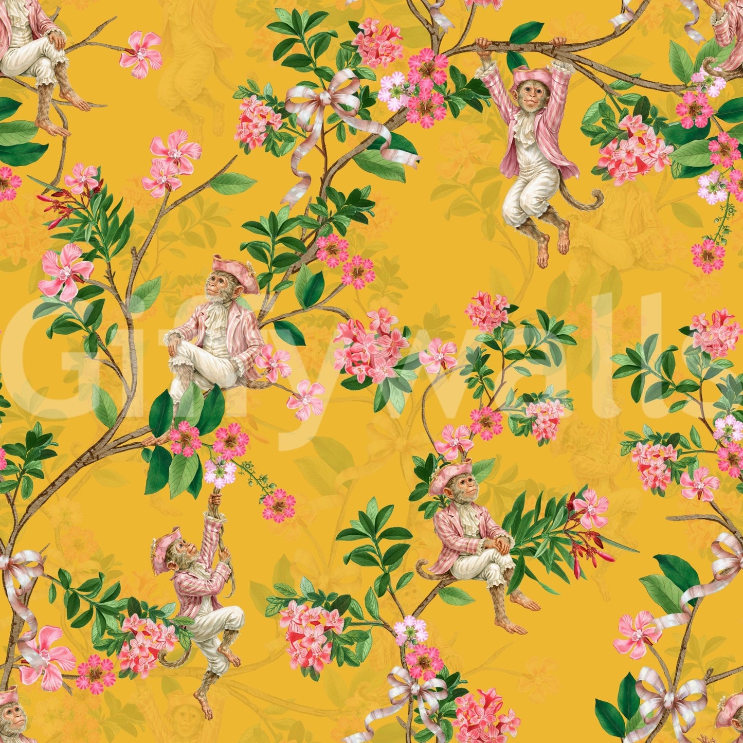Vintage vineyard monkey yellow wallpaper with floral branches and rococo party detail, GD8584