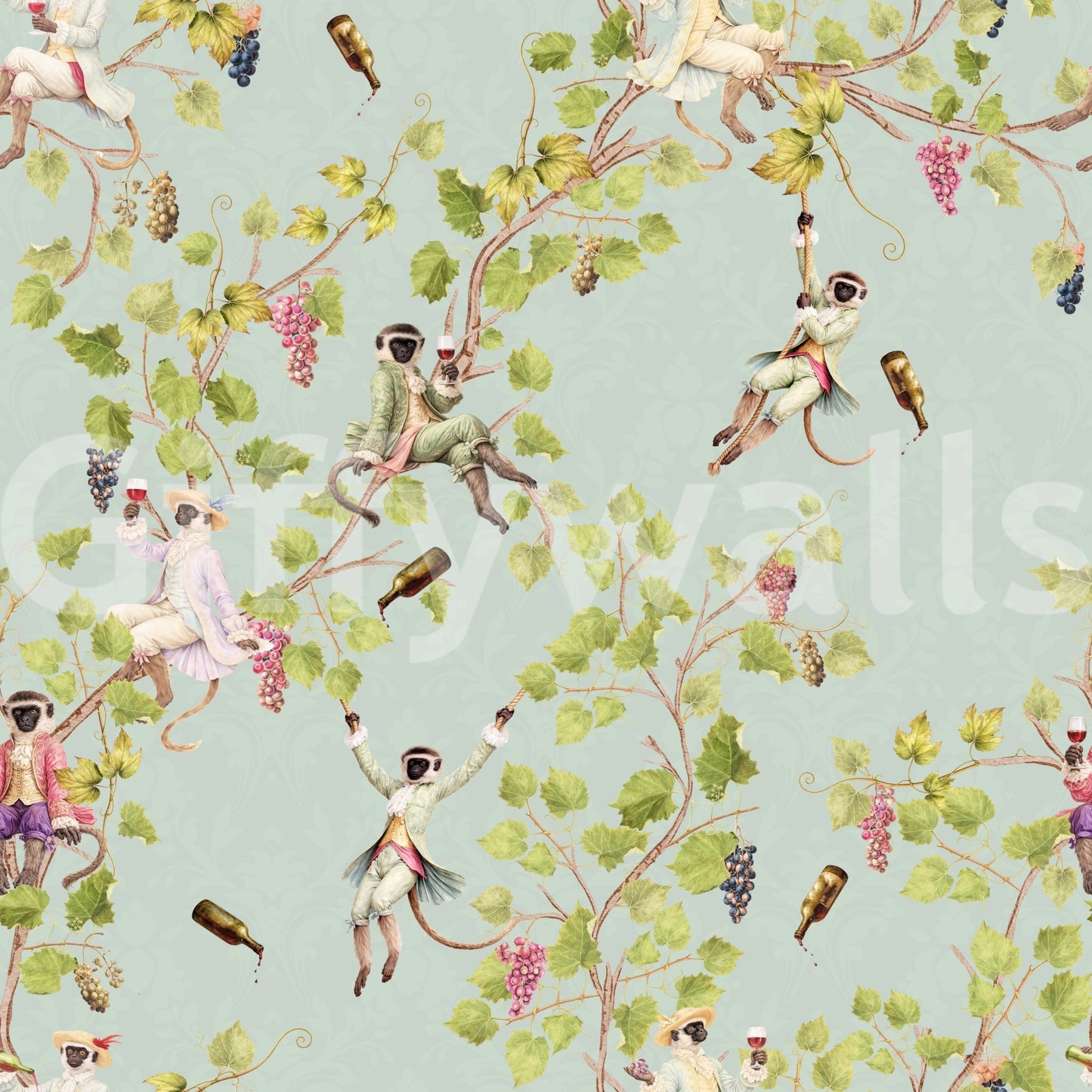 Whimsical Rococo Monkeys turquoise wallpaper with grapevines, wine bottles, and leaves, GD8578